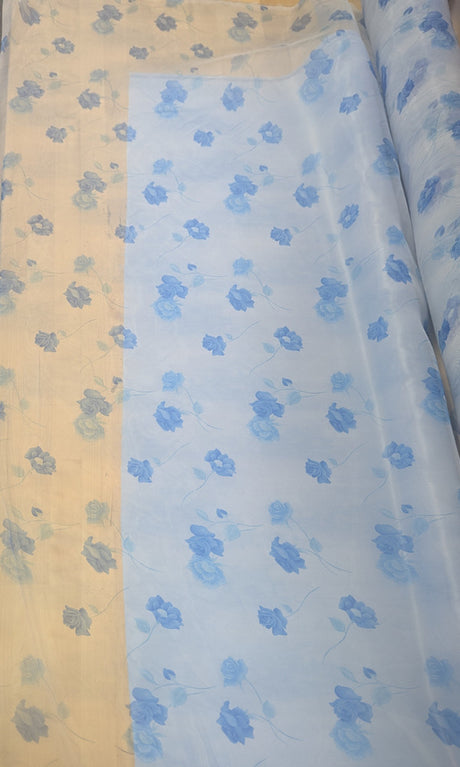 Organza With Flowers Polyester Fabric - Light Blue/Dark Blue Floral, 58/59" Width (1 Yard)