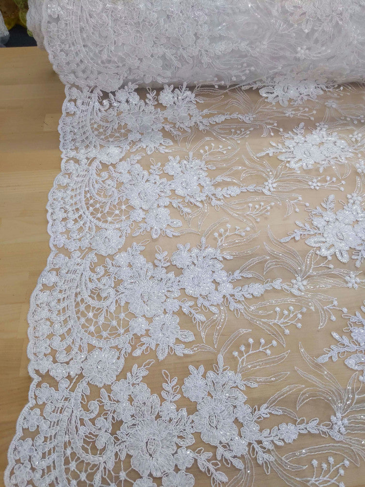 Grace Polyester Lace Fabric - White, Off White Floral Embroidery, Clear Sequins, 50-51" Width (1 Yard)