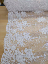 Grace Polyester Lace Fabric - White, Off White Floral Embroidery, Clear Sequins, 50-51" Width (1 Yard)