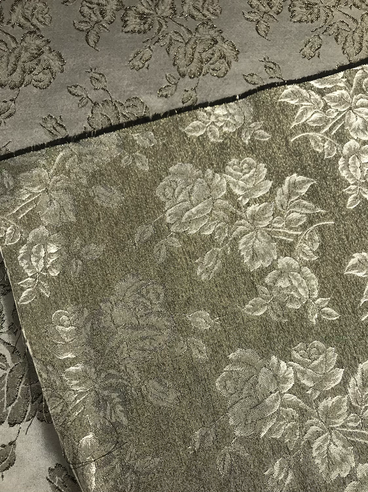 Gray Metallic Rose Polyester Brocade Fabric - Black/Gold Metallic Outline, 58/59" Width (1 Yard)