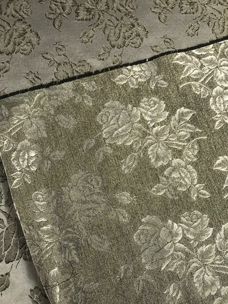 Gray Metallic Rose Polyester Brocade Fabric - Black/Gold Metallic Outline, 58/59" Width (1 Yard)