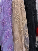 Beaded Bridal Lace Polyester Fabric - Black, Champagne, Lilac Floral Mesh With Sequins, Beads And Pearls, 49/50" Width (1 Yard)