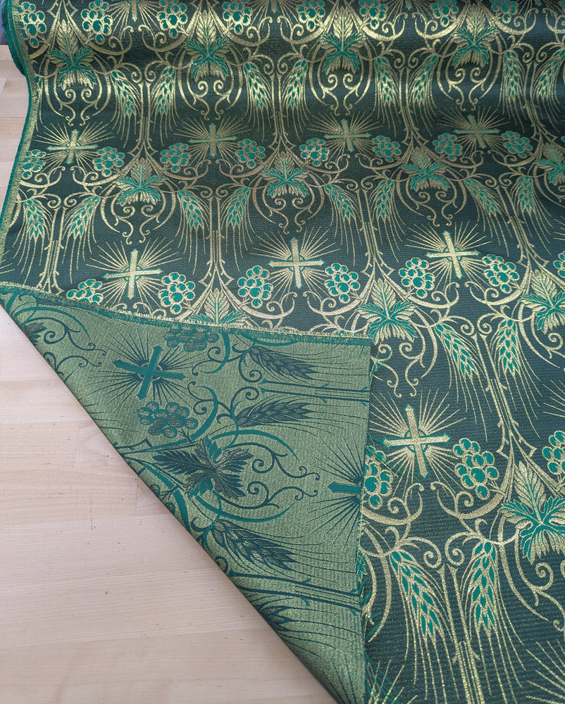 Church Metallic Brocade Wheat And Cross Polyester Brocade Fabric - Green, Red, Gold And Purple, Metallic Cross, Grapes And Wheat Jacquard, 58-59" Width (1 Yard)