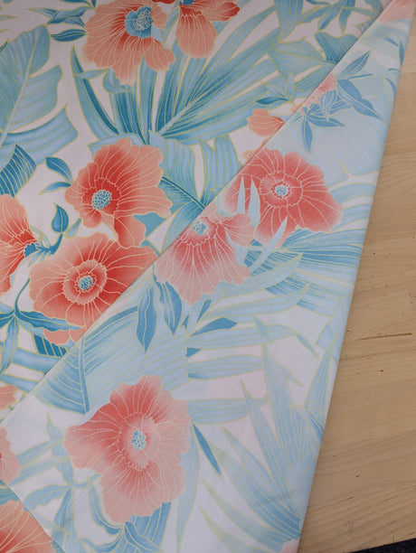 Coral Flower Print Cotton Spandex Fabric - Coral/Turquoise/Aqua Floral, 44/45" Width (1 Yard)