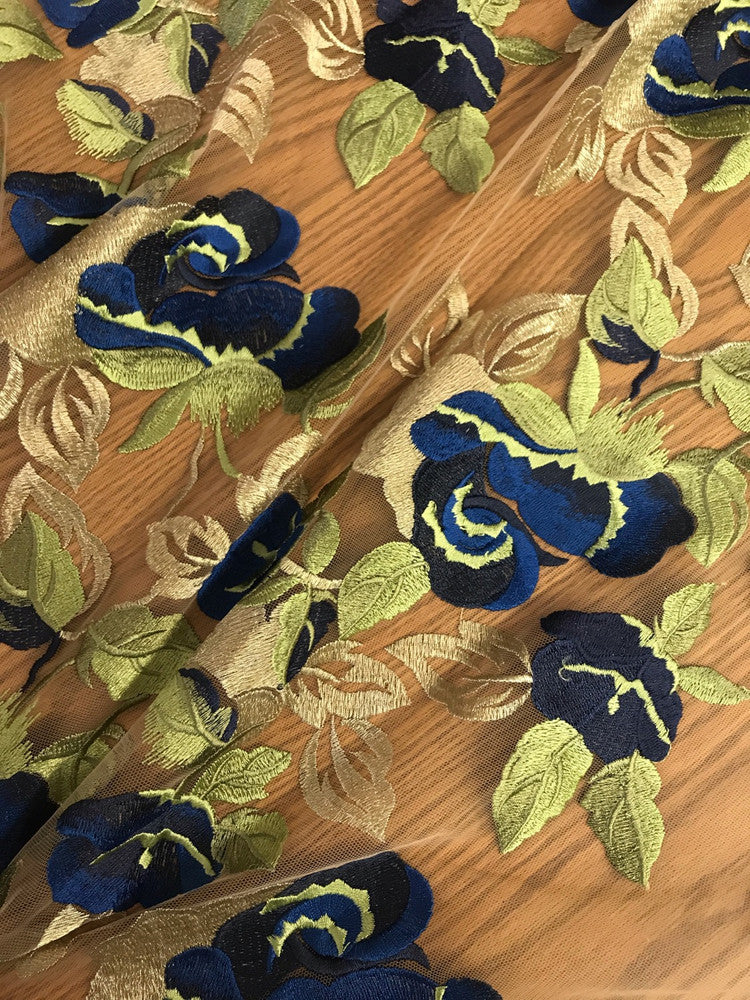 Embroidered Rose Polyester Lace Fabric - Nude Mesh With Navy And Royal Blue Roses, Green And Champagne Leaves, Metallic Accents, 58" Width, 50" Embroidered Width (1 Yard)