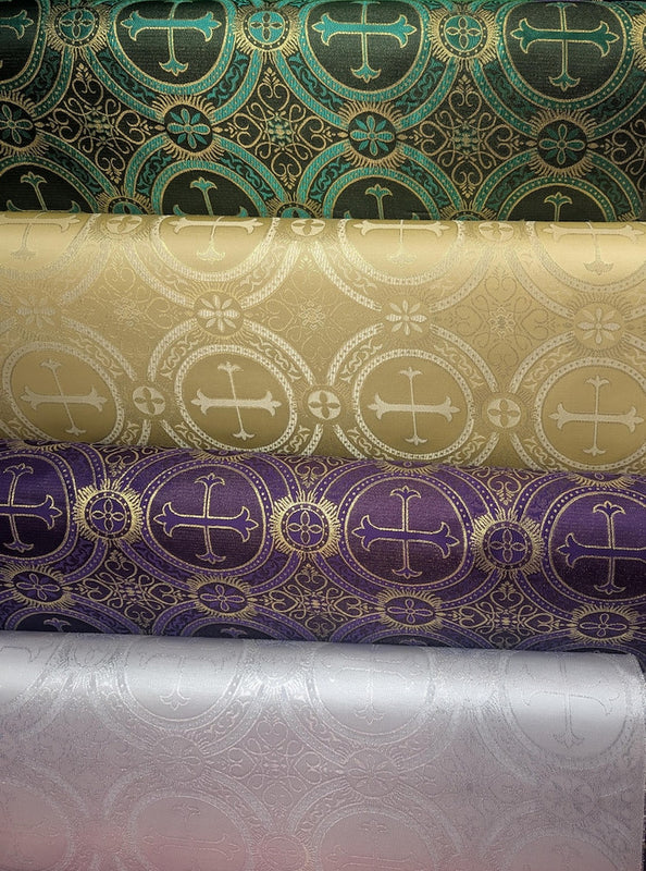 Church Metallic Cross Polyester Brocade Fabric - Metallic Cross Jacquard, 58/59" Width, Silver, Light Gold, Purple/Gold, Green/Gold (1 Yard)