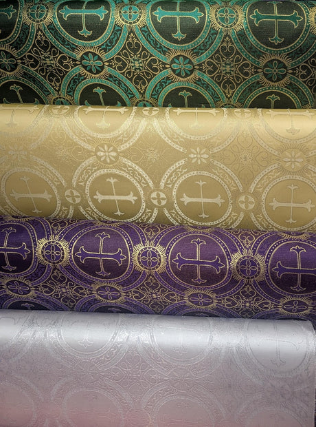 Church Metallic Cross Polyester Brocade Fabric - Metallic Cross Jacquard, 58/59" Width, Silver, Light Gold, Purple/Gold, Green/Gold (1 Yard)