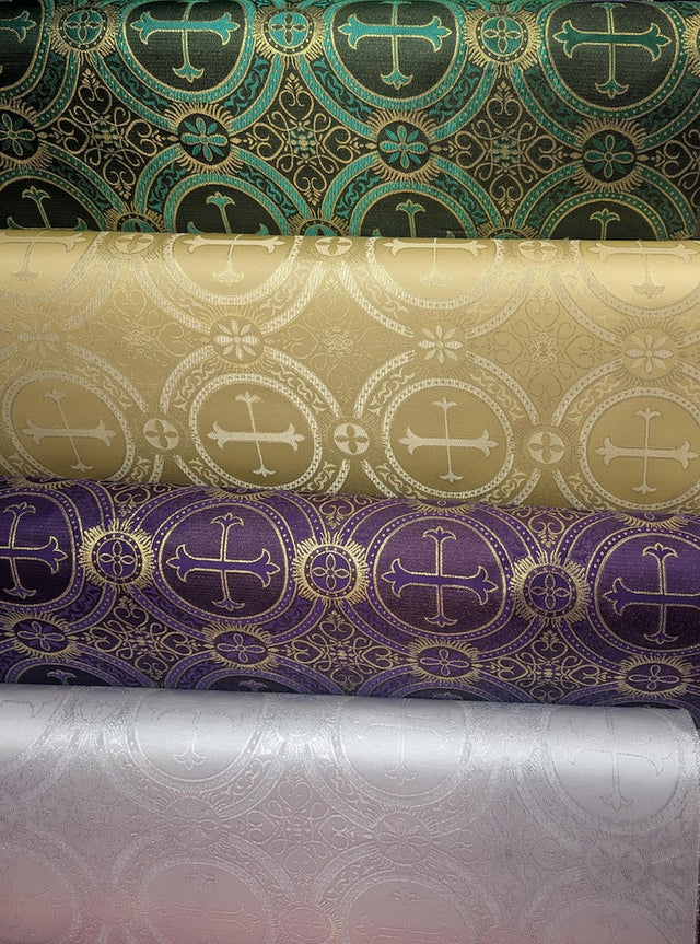 Church Metallic Cross Polyester Brocade Fabric - Metallic Cross Jacquard, 58/59" Width, Silver, Light Gold, Purple/Gold, Green/Gold (1 Yard)