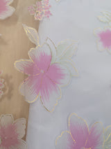 White Organza With Pink Flowers Polyester Organza Fabric - Pink Floral On White, Metallic Gold Outline, 58-59" Width (1 Yard)