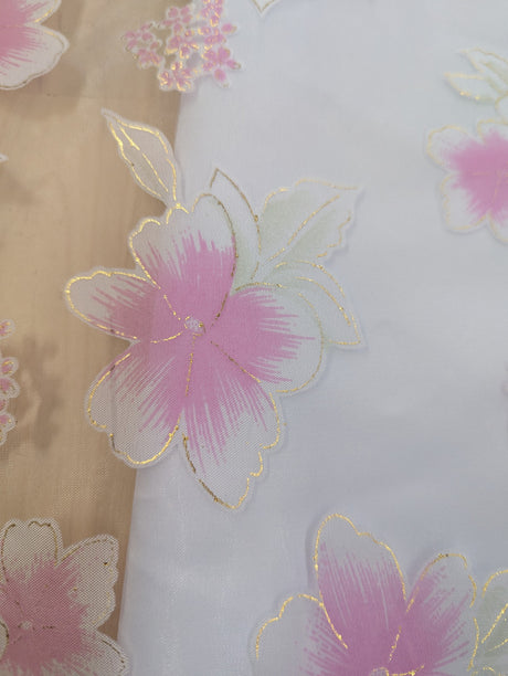 White Organza With Pink Flowers Polyester Organza Fabric - Pink Floral On White, Metallic Gold Outline, 58-59" Width (1 Yard)