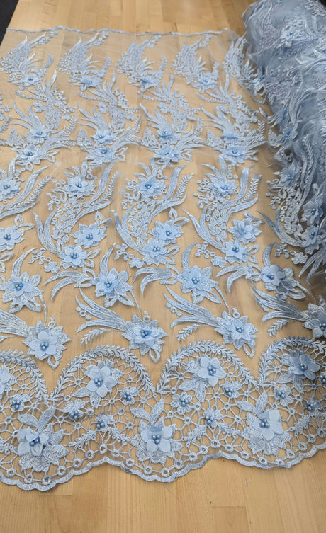3D Embroidered Flower Lace Polyester Fabric - Light Champagne, Baby Blue, Mauve, Pearl-Embellished 3D Floral, 54-55" Width (1 Yard)