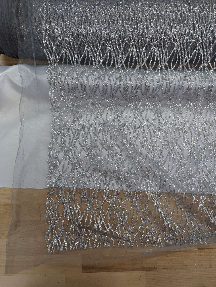 Glitter Lace Polyester Fabric - Sheer Mesh, Allover Glitter, 59/60" Design Width, 65/66" Total Width (1 Yard)