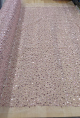 All Over Beads And Sequins Bridal Lace Polyester Fabric - Blush Pink And Light Ivory, Mesh With Beads, Sequins And Pearls, 59/60" Width (1 Yard)