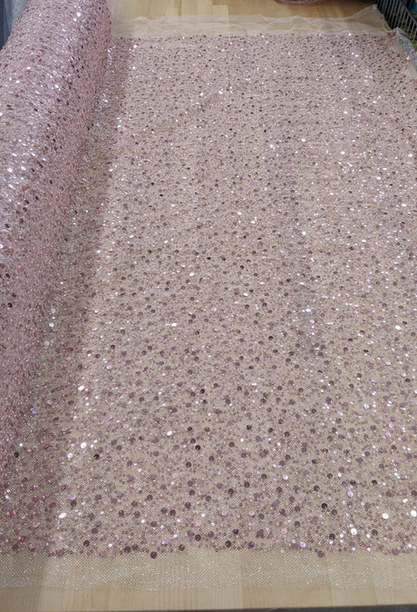 All Over Beads And Sequins Bridal Lace Polyester Fabric - Blush Pink And Light Ivory, Mesh With Beads, Sequins And Pearls, 59/60" Width (1 Yard)