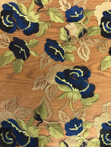 Embroidered Rose Polyester Lace Fabric - Nude Mesh With Navy And Royal Blue Roses, Green And Champagne Leaves, Metallic Accents, 58" Width, 50" Embroidered Width (1 Yard)