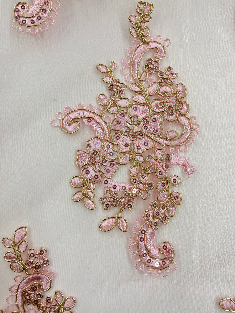Pink And Gold Lace Polyester Lace Fabric - Pink And Gold Metallic Thread, Sequins, 53-54" Width (1 Yard)