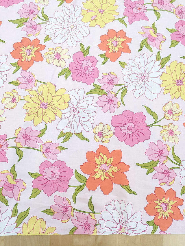 Blooming Garden Cotton Spandex Fabric - Floral Print, Pink, Dark Pink, Light Yellow, Coral, 44/45" Width (1 Yard)