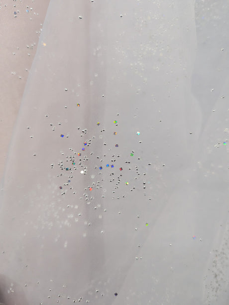 Dew Drop Sparkle Organza Polyester Fabric - White, Ice Pink Iridescent Dewdrop Pattern, 58-59" Width (1 Yard)