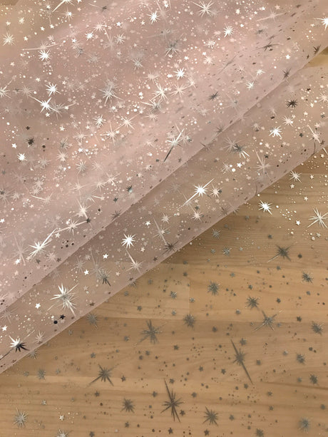 Foil Star Polyester Organza Fabric - Multiple Colors, Silver Foil Stars, 58/59" Width (1 Yard)