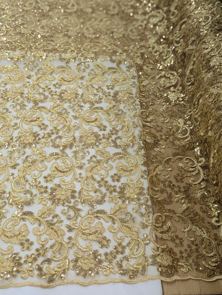 All Over Flowers With Sequins Polyester Lace Fabric - Multiple Colors, Floral Mesh With Metallic Thread, 50" Width (1 Yard)