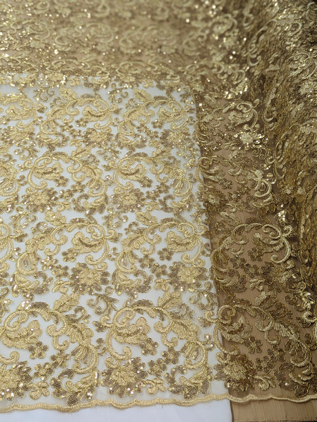 All Over Flowers With Sequins Polyester Lace Fabric - Multiple Colors, Floral Mesh With Metallic Thread, 50" Width (1 Yard)