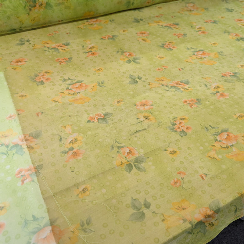 Organza With Flowers Polyester Organza Fabric - Lime Green, Orange Floral, 58/59" Width (1 Yard)