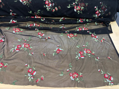 Red And White Flower Lace Polyester/Spandex Fabric - Embroidered Stretch Mesh, Red/White Flowers, Green Leaves, 57" Width (1 Yard)