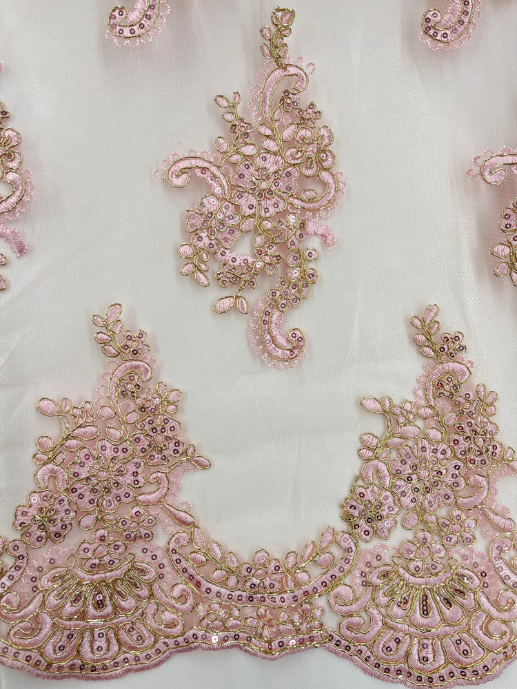 Pink And Gold Lace Polyester Lace Fabric - Pink And Gold Metallic Thread, Sequins, 53-54" Width (1 Yard)