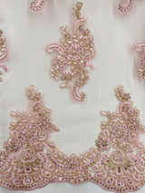 Pink And Gold Lace Polyester Lace Fabric - Pink And Gold Metallic Thread, Sequins, 53-54" Width (1 Yard)