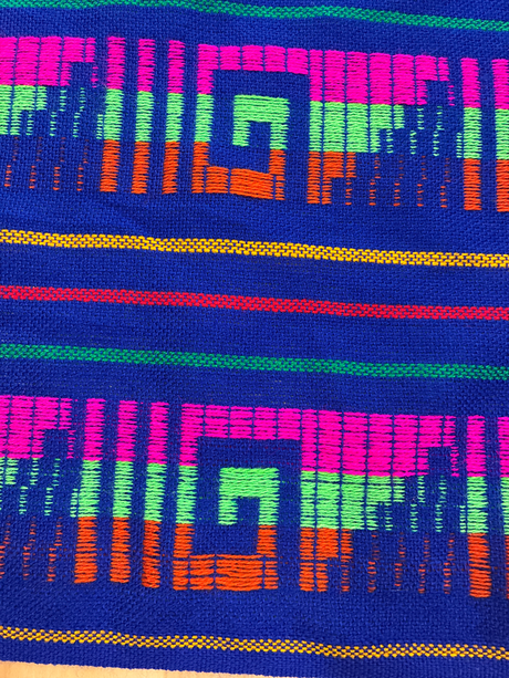 Pirámide Acrylic Fabric - Royal Blue Multicolor Geometric Pyramid Pattern, Horizontal Design, 30" Width (1 Yard)