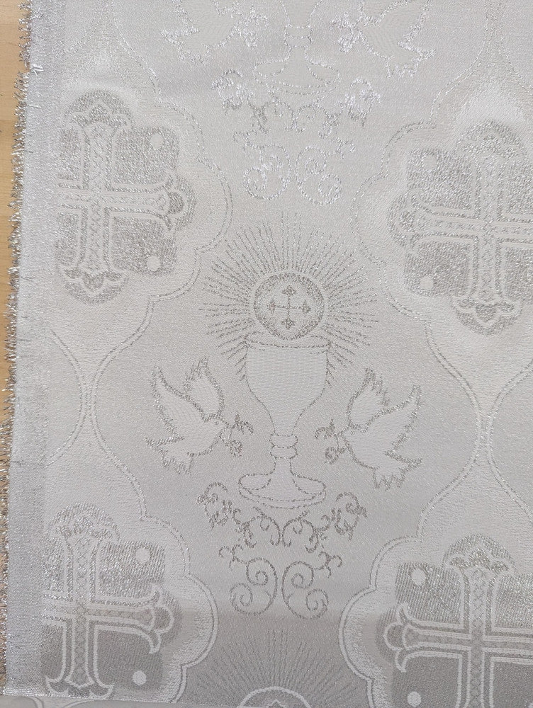 Silver Church Metallic Cross Polyester Brocade Fabric - White/Silver Cross Pattern, 58/59" Width (1 Yard)