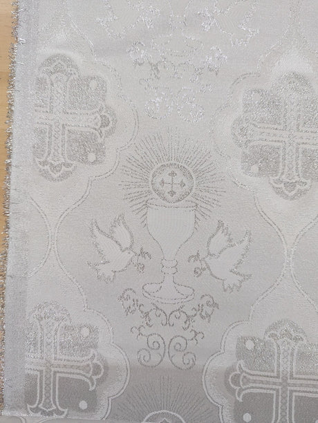 Silver Church Metallic Cross Polyester Brocade Fabric - White/Silver Cross Pattern, 58/59" Width (1 Yard)