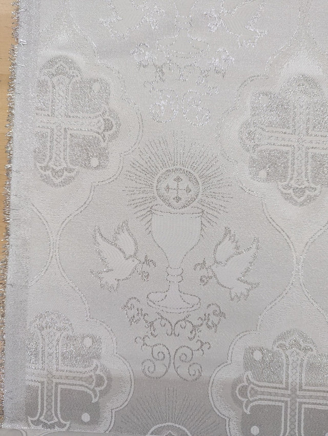 Silver Church Metallic Cross Polyester Brocade Fabric - White/Silver Cross Pattern, 58/59" Width (1 Yard)