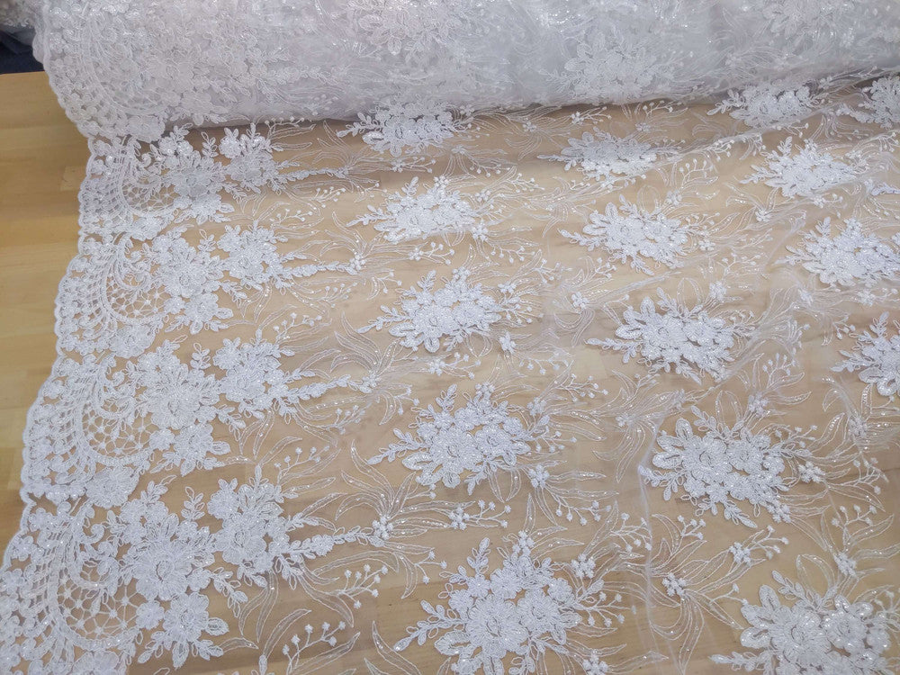 Grace Polyester Lace Fabric - White, Off White Floral Embroidery, Clear Sequins, 50-51" Width (1 Yard)
