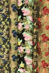 Embroidered Rose Polyester Lace Fabric - Nude Mesh With Navy And Royal Blue Roses, Green And Champagne Leaves, Metallic Accents, 58" Width, 50" Embroidered Width (1 Yard)