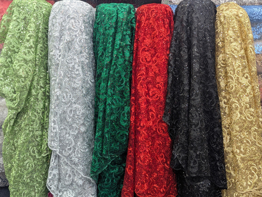 All Over Flowers With Sequins Polyester Lace Fabric - Multiple Colors, Floral Mesh With Metallic Thread, 50" Width (1 Yard)