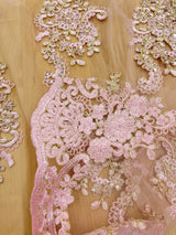 Pink And Gold Lace Polyester Lace Fabric - Pink And Gold Metallic Thread, Sequins, 53-54" Width (1 Yard)