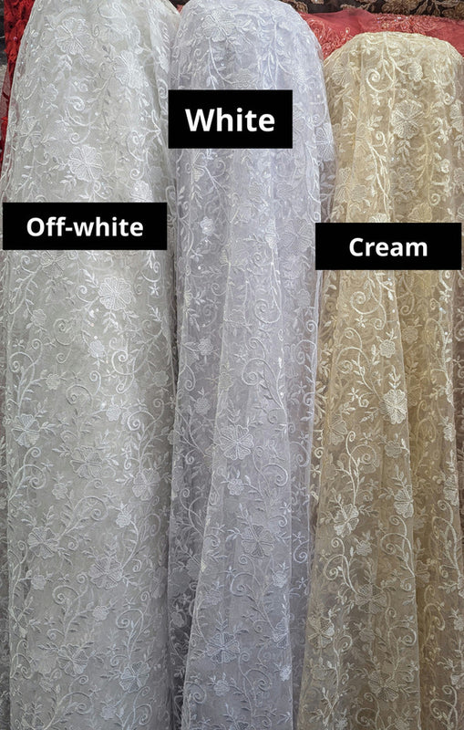 Elizabeth Bridal Lace Polyester Fabric - Multiple Colors, Floral Embroidered Mesh With Sequins, 49/50" Width (1 Yard)