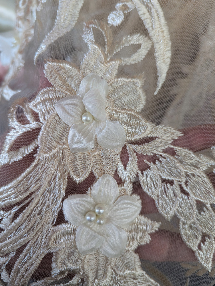 3D Embroidered Flower Lace Polyester Fabric - Light Champagne, Baby Blue, Mauve, Pearl-Embellished 3D Floral, 54-55" Width (1 Yard)