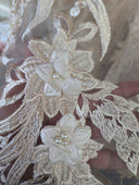 3D Embroidered Flower Lace Polyester Fabric - Light Champagne, Baby Blue, Mauve, Pearl-Embellished 3D Floral, 54-55" Width (1 Yard)