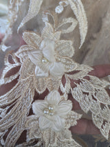 3D Embroidered Flower Lace Polyester Fabric - Light Champagne, Baby Blue, Mauve, Pearl-Embellished 3D Floral, 54-55" Width (1 Yard)