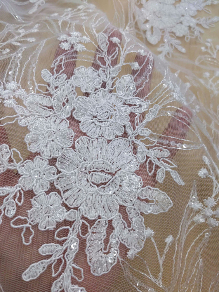 Grace Polyester Lace Fabric - White, Off White Floral Embroidery, Clear Sequins, 50-51" Width (1 Yard)
