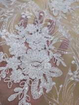 Grace Polyester Lace Fabric - White, Off White Floral Embroidery, Clear Sequins, 50-51" Width (1 Yard)