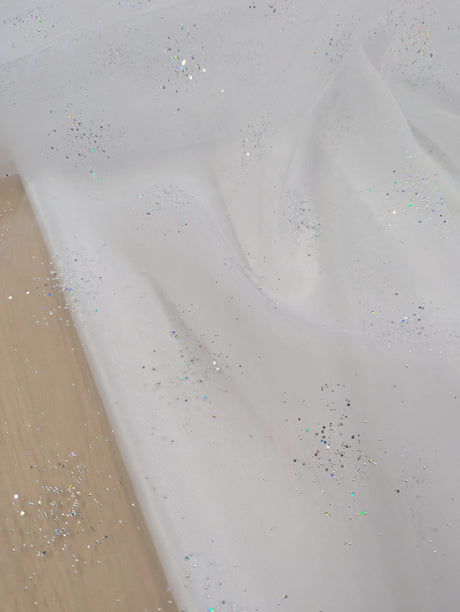 Dew Drop Sparkle Organza Polyester Fabric - White, Ice Pink Iridescent Dewdrop Pattern, 58-59" Width (1 Yard)