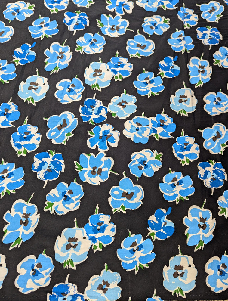 Blue Flower Print Cotton Spandex Fabric - Blue Floral On Black, 46-47" Width (1 Yard)