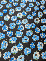 Blue Flower Print Cotton Spandex Fabric - Blue Floral On Black, 46-47" Width (1 Yard)