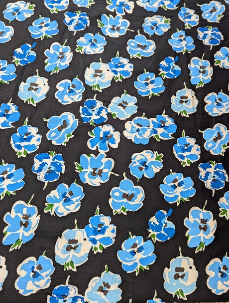 Blue Flower Print Cotton Spandex Fabric - Blue Floral On Black, 46-47" Width (1 Yard)