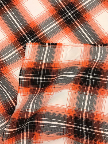 Orange Plaid Polyester Poplin Fabric - White, Orange, Gray, Black Plaid, 58/59" Width (1 Yard)