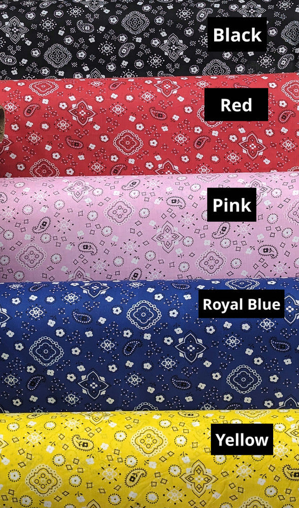 Bandana Poly Cotton Fabric - Paisley Bandana Print, Black, Red, Pink, Royal Blue, Yellow, 59/60" Width (1 Yard)