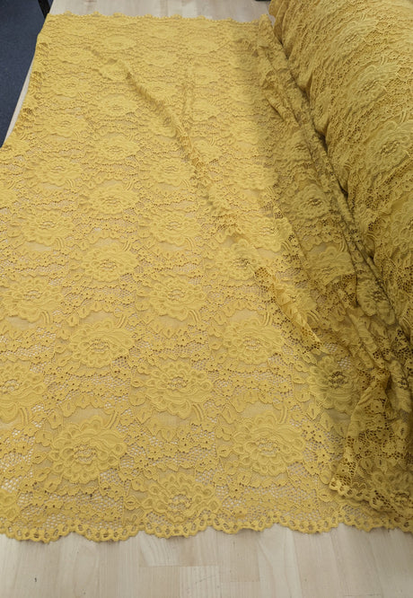 Mustard Stretch Lace Polyester Spandex Fabric - Mustard Floral Pattern, Small Scallop, Sheer, 54/55" Width (1 Yard)